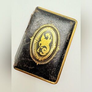Antique Art Deco Leather Bound Black and Gold Compact with Powder